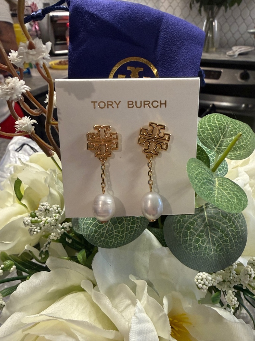 Tory Burch Gold Logo Drop Earrings with White Pearl Drops with dusty